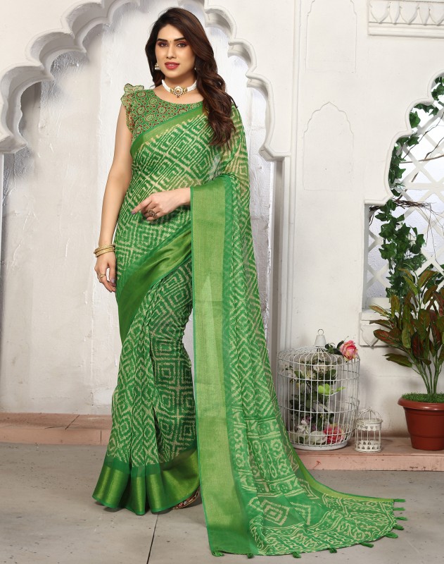 Siril Embellished, Checkered, Geometric Print, Printed Bollywood Cotton Blend Saree(Green, White)