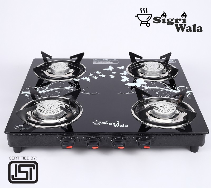 Sigri-Wala Surya Isi Certified Toughened Glass Door Step Warrantytornado Burners Glass Manual Gas Stove(4 Burners)