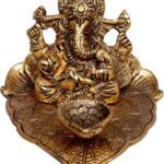 Vaah Ganesh Idol On Leaf Lord Ganesha Diya Hand Craved For Home Decorative Puja Gifts Aluminium Table Diya(Height: 7 Inch)