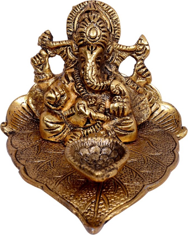 Vaah Ganesh Idol On Leaf Lord Ganesha Diya Hand Craved For Home Decorative Puja Gifts Aluminium Table Diya(Height: 7 Inch)