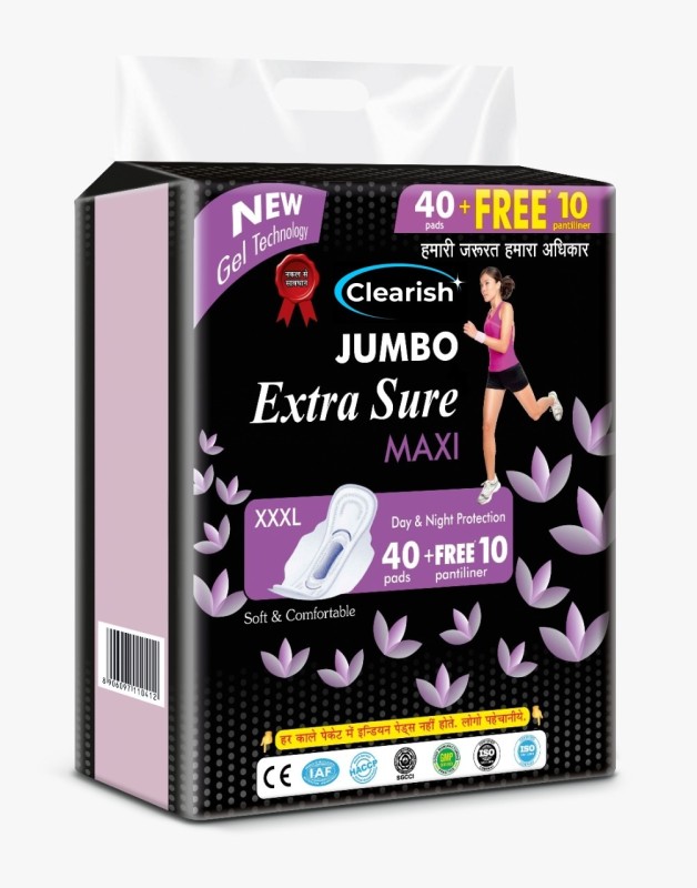 Clearish Jumbo New Gel Technology Xxxl Soft & Comfortable (40 Pad + Free 10 Pantiliner) Sanitary Pad(Pack Of 50)