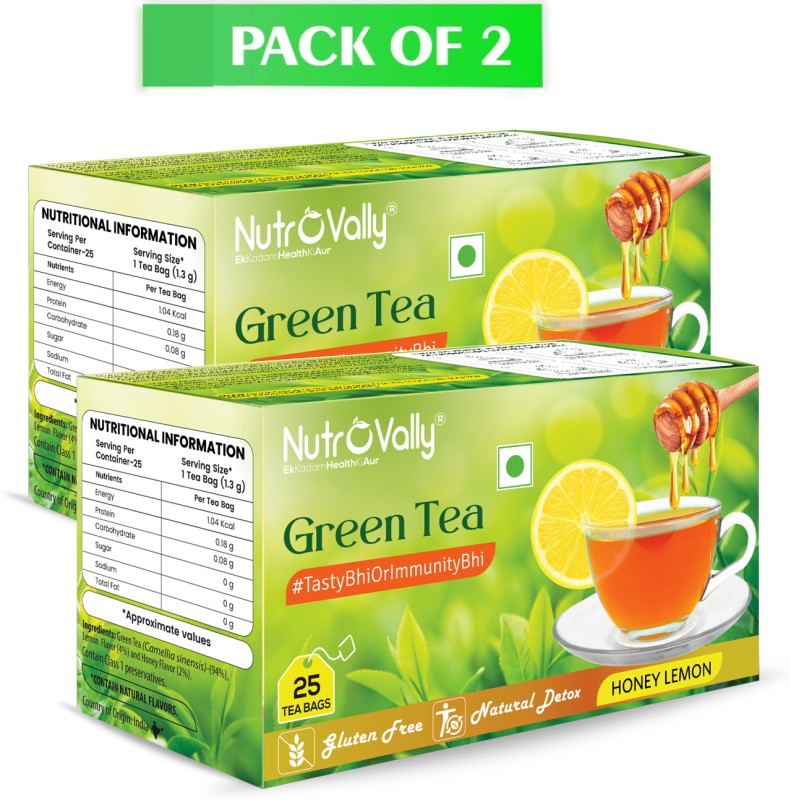 Nutrovally Honey Lemon Green Tea For Weight Loss With Premium Tea Leaves Honey, Lemon Green Tea Bags Box(2 X 25 Bags)