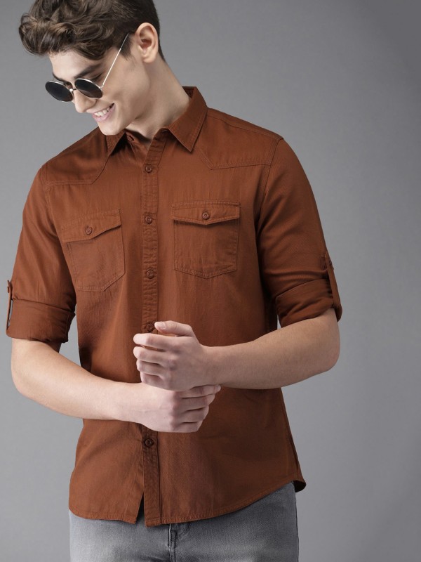 Here&Now Men Solid Casual Brown Shirt