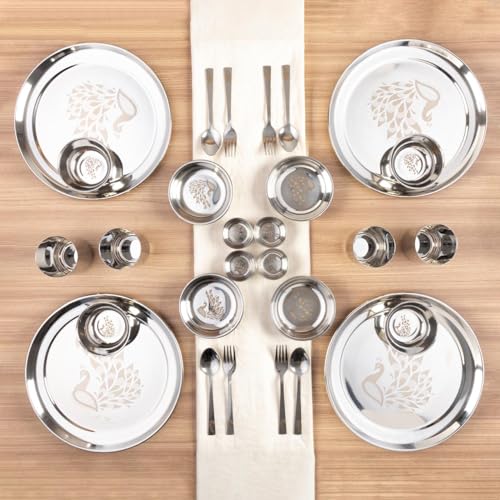 Classic Essentials Stainless Steel Dinner Set | Heavy Gauge Stainless Steel Dinner Set | Kitchen Set For Home | Peacock Lazer Design Dinner Set | Shagun Set/Bartan Set, Set Of 32