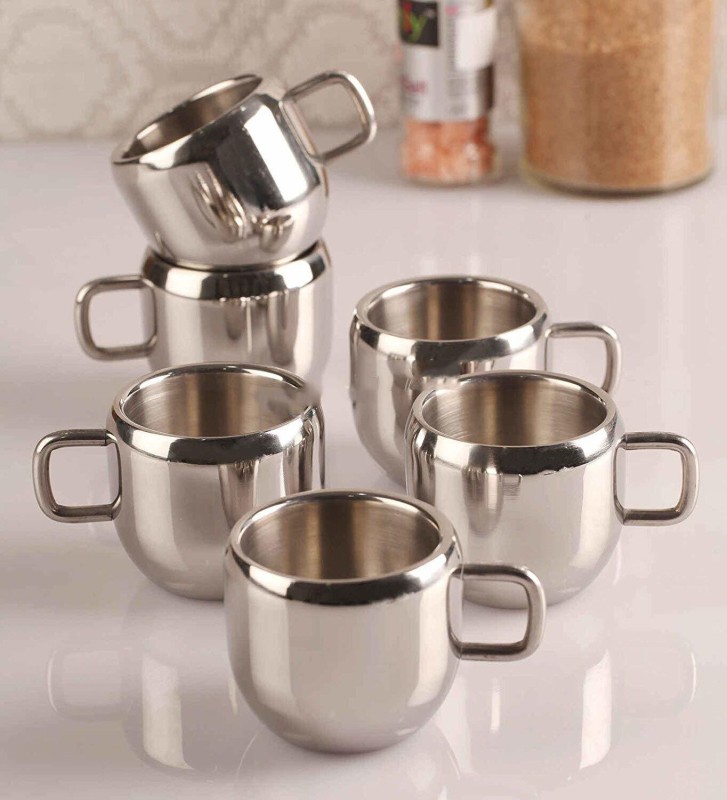 Abhay Enterprises Pack Of 6 Stainless Steel Double Wall Stainless Steel Apple Shaped Tea & Coffee Cups(Silver, Cup Set)