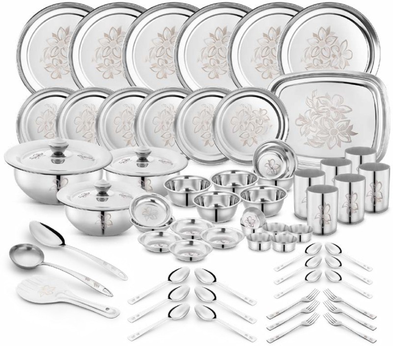 Classic Essentials Pack Of 64 Stainless Steel Heavy Gauge Dinner Set| Glory Lazer Design Bartan|Shagun|Gift Set| Dinner Set(Steel)