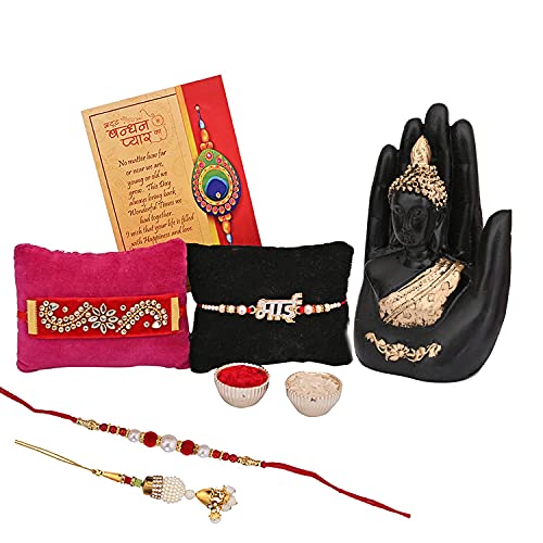 Collectible India Combo Rakhi Gift For Brother And Bhabhi Kids With Gift Set, Palm Buddha Showpiece Rakshabandhan Gifts For Bhai Sister – Fancy Rakhi With Gift Hamper (Palm Buddha)