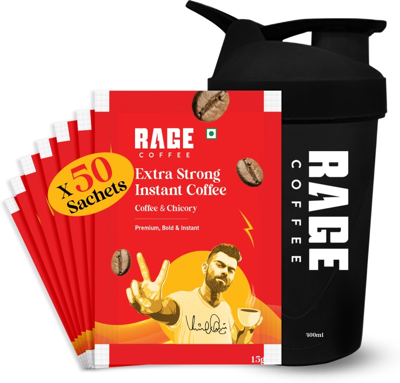 Rage Extra Strong Premium Blend Coffee (Pack Of 50)+Multipurpose Shaker 450Ml Instant Coffee(50 X 1.5 G, Assorted Flavoured)