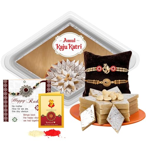 Tied Ribbons Rakhi For Brother Combo With Sweets – Set Of 2 Premium Rakhi With Kaju Katli Gift Pack Mini Greeting Card And Roli Chawal – Rakhi Gift For Brother