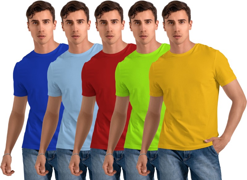 Ftx Solid Men Round Neck Blue, Light Blue, Red, Green, Yellow T-Shirt