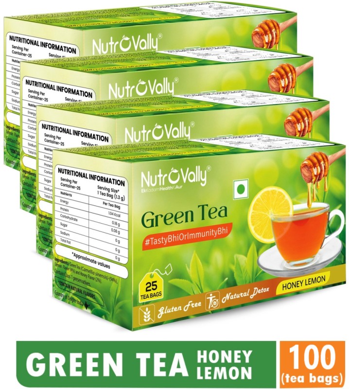 Nutrovally Lemon Honey Green For Weight Loss With Premium Green Leaves Honey, Lemon Green Tea Bags Box(4 X 25 Bags)