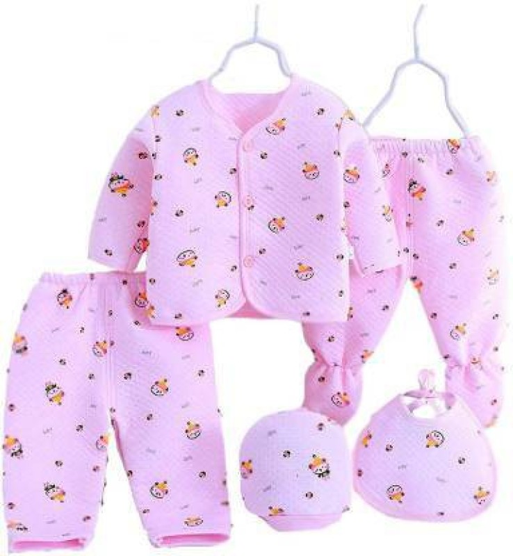 Honey Boo Presents New Born Baby Winter Wear Keep Warm Cartoon Printing Baby Clothes 5Pcs Sets Cotton Baby Boys Girls Unisex Baby Fleece / Falalen Suit Infant Clothes First Gift For New Baby.Pink (Pink)(Pink)