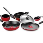 Pigeon Nonstick Cookware Set Of 7 Piece, Includes Nonstick Tawa 23 Cm, Nonstick Fry Pan 24 Cm, Nonstick Kadai With Stainless Steel Lid 24 Cm, And Nonstick Sauce Pan (Red)