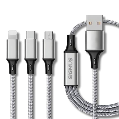 Sigmus 3 In 1 Multi Fast Charging Cable – 3A Nylon Braided Cable Micro Usb, Type C And All Lightning Devices|Sliver|