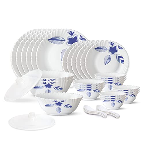 Larah By Borosil Morning Glory Silk Series Opalware Dinner Set |35 Pieces For Family Of 6|Microwave & Dishwasher Safe |Bone-Ash Free|Crockery Set For Dining & Gifting|Plates & Bowls|White,Floral