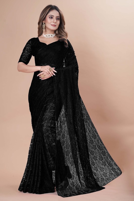 Indy Bliss Self Design Bollywood Net Saree(Black)