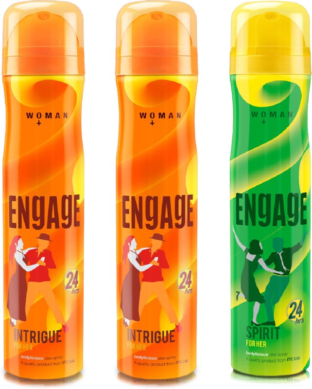 Engage Deo Combo 2 Intrigue For Her 150Ml & 1 Spirit For Her 150Ml Deodorant Spray  –  For Women(450 Ml, Pack Of 3)