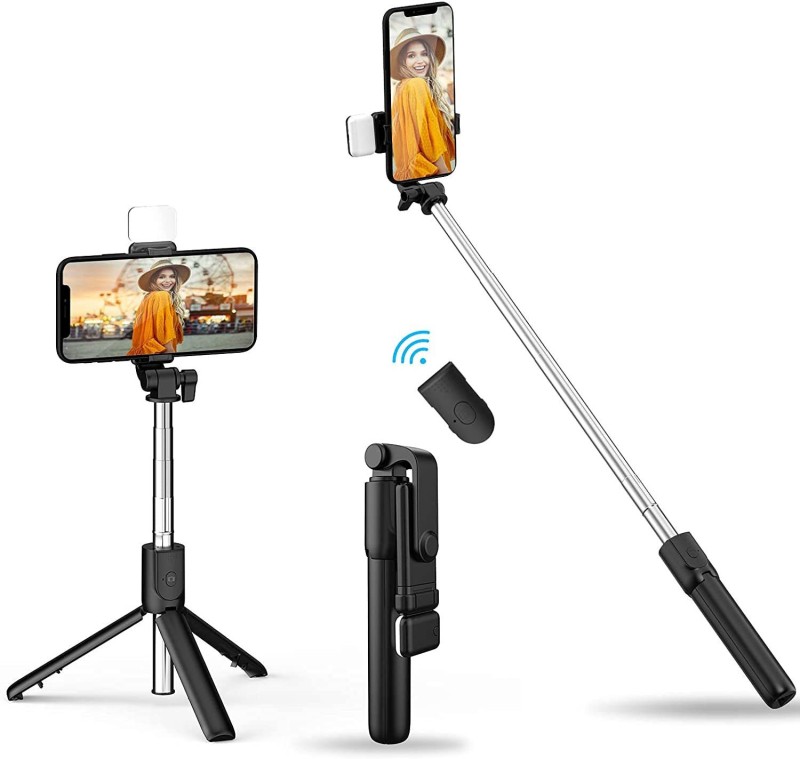 Hold Up Tripod With Led Fill Light, Phone Tripod Stand With Detachable Bluetooth Wireless Remote Compatible With Iphone 12/11/Xr/X/Pro, Galaxy S10 And More(Black-White Lights) Bluetooth Selfie Stick(Black, Remote Included)