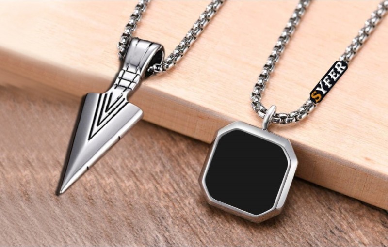 Vivity Men And Women Black Onyx Octagon Inlay Square Pendant And Arrow Locket Silver Agate Alloy Pendant