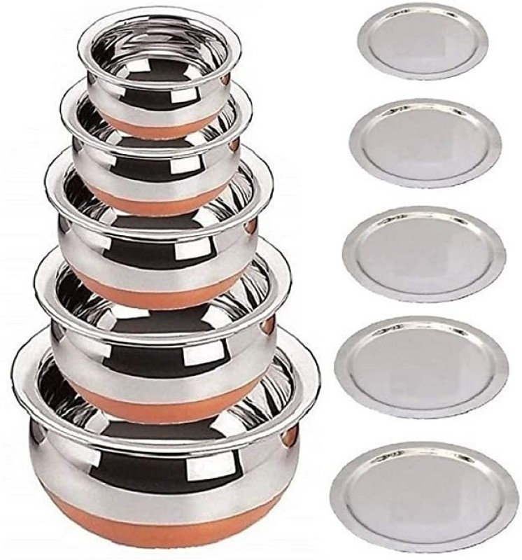 Limetro Steel Copper Base Handi With Lid / Urli Set Cookware Set(Stainless Steel, 5 – Piece)