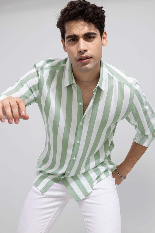 U Turn Men Striped Casual Light Green, White Shirt