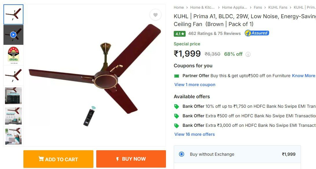 68% Off : KUHL BLDC 5 Star Ceiling Fan with Remote Control at ₹1999