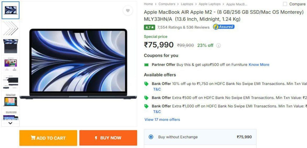 🔥MacBook AIR M2 (8-256) at ₹72,990👉✅Flat ₹3000 Off With HDFC Credit Card