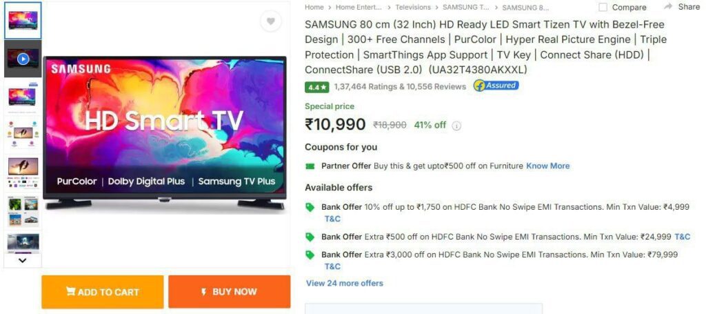 🔥Samsung 32 Inch Smart TV@ 9300 with SBI Card@ 8805 with HDFC EMI👉👉