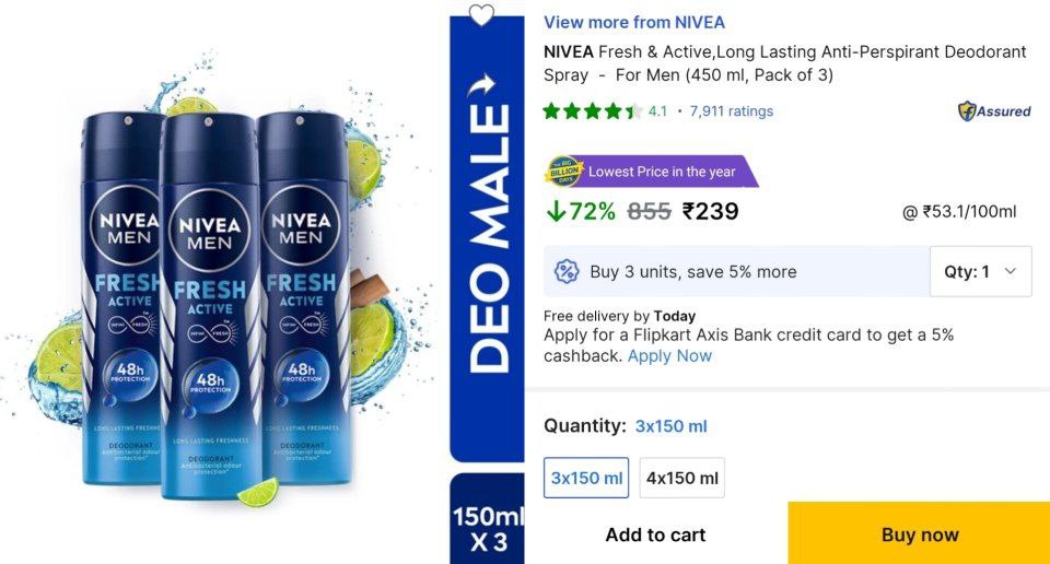 🔥Nivea Deo (Pack of 3, 450 ml) at ₹239👉