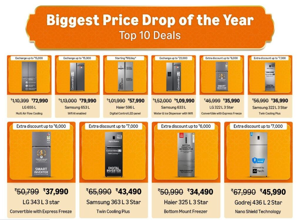 ✅Best Refrigerator Deals + Bank Offer  Single Door :  Double Door :  Triple Door :  Side By Side :  ✅Best Deals On Washing MachinesSemi Automatic :  Top Load :  Front Load :