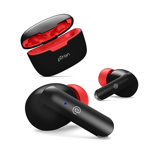 Ptron Bassbuds Duo In-Ear Wireless Earbuds, Immersive Sound, 32Hrs Playtime, Clear Calls Tws Earbuds, Bluetooth V5.1 Headphone, Type-C Fast Charging, Voice Assist & Ipx4 Water Resistant (Black & Red)