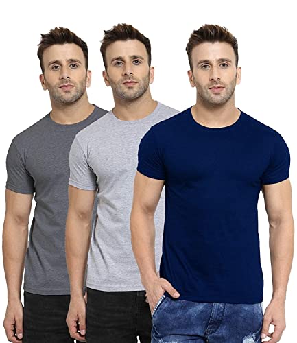 Scott International Men’S Regular Fit T-Shirt – Cotton Blend, Half Sleeve, Round Neck, Stylish, Solid Plain T-Shirts For Men, Mens T Shirt – Pack Of 3 (Navy Blue,Charcoal & Grey, Medium)