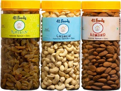 41 Foods Premium Dry Fruits & Nuts Combo Of Healthy Fresh Raw Whole Cashew Real Californian Almond Long Green Raisins (150Gm X 3) 450G | Badam Kaju Kishmish | Nutritious & Delicious Mixed Dry Fruit Jar Pack Anytime Snacks Rich In Protein, Magnesium, Phosphorus, Potassium And Dietary Fibre.