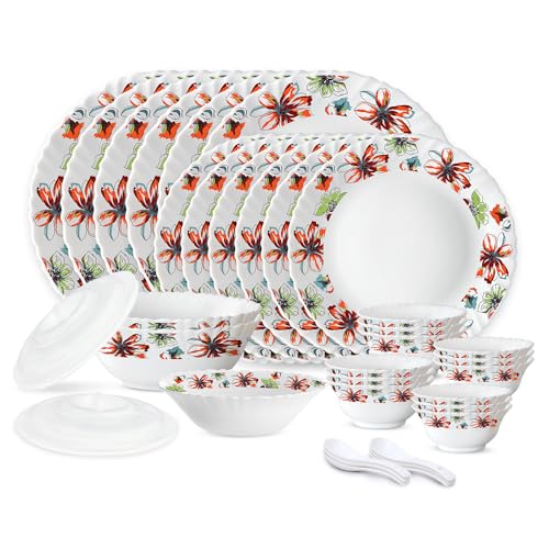 Larah By Borosil Silk Series Bali Opalware Dinner Set | 35 Pieces For Family Of 6 | Microwave & Dishwasher Safe | Bone-Ash Free | Crockery Set For Dining & Gifting | Plates & Bowls | Floral Pattern