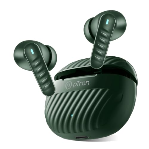 Ptron Bassbuds Bliss Tws Earbuds With 4 Quadpro Mics, 3D Audioscape, Trutalk Enc Calls, 40H Playtime, 50Ms Low-Latency Game/Music Modes, Bt5.3, Type C Fast Charging & Ipx5 Water Resistant (Green)