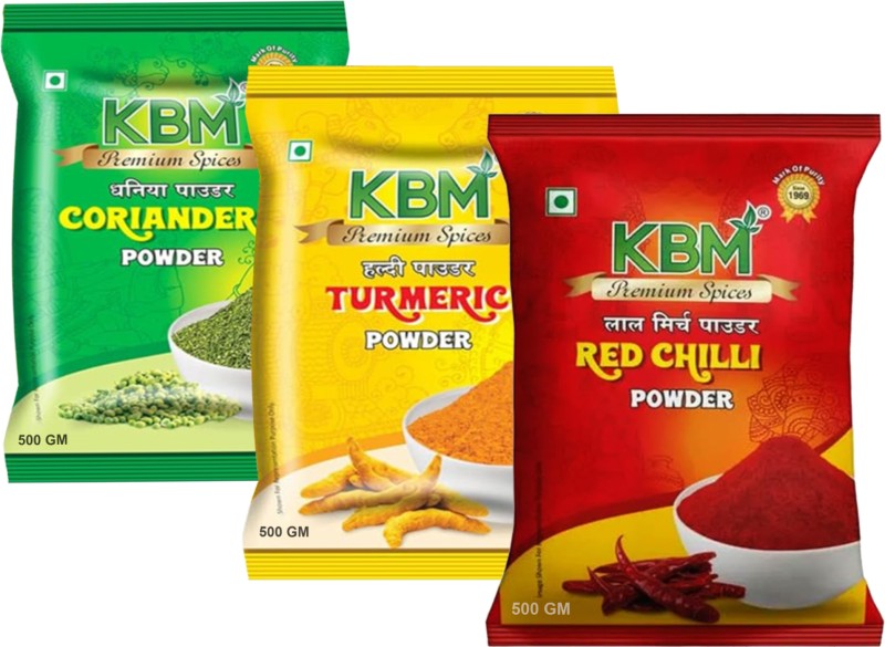 Kbm Premium 100% Organic Turmeric, Coriander & Red Chilli Powder Masala Combo For Cooking(3 X 500 G)