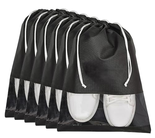 Glun® Shoe Organizer Sleeves Or Cover, Black In Colour, Non-Woven Fabric With String Closing And See Through Window Pack Of 6 (Black)