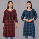 Women Checkered, Printed Kurta(Red, Blue)