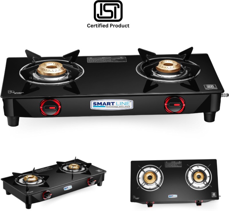 Smart Line Popular Smart Isi Marked Glass 2 Burner Lpg Cooktop Iron Manual Gas Stove(2 Burners)