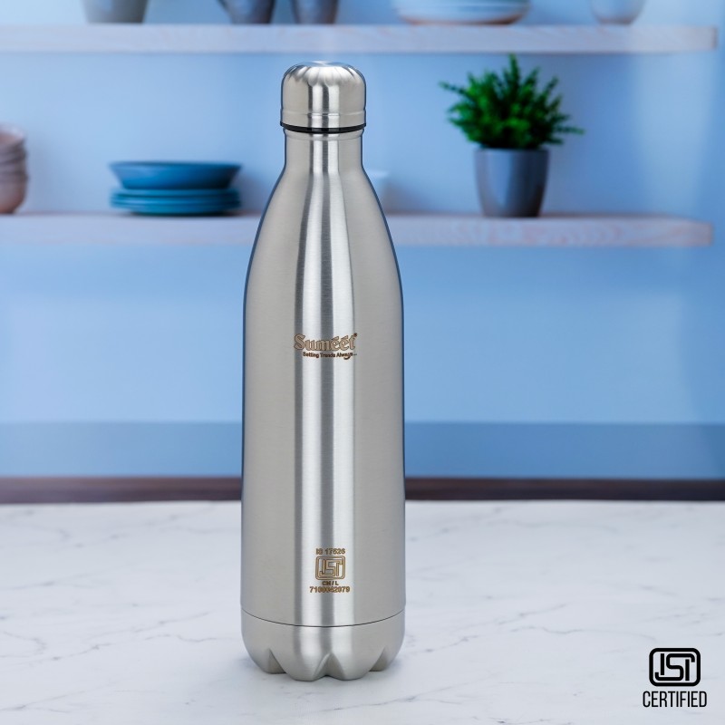 Sumeet Isi Certified Double Wall Water Bottle,24 Hours Hot & Cold 1000 Ml Flask(Pack Of 1, Silver, Steel)