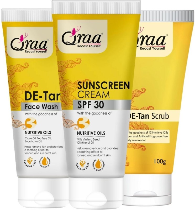 Qraa De Tan Combo Pack | Scrub 100Gm, Face Wash 100Gm & Sunscreen Cream Spf 30 100Gm |Helps In Tan Removal & Dirt|(3 Items In The Set)