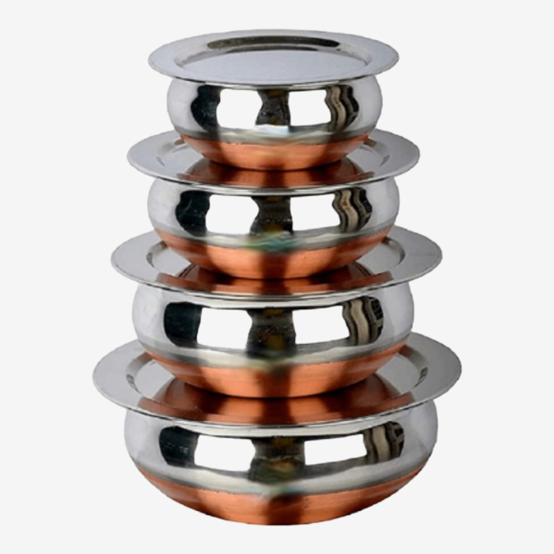 Rbgiit Stainless Steel Copper Bottom Cooking Serving Pot With Lid Biryani Handi 4 Pc K2 Cookware Set(Stainless Steel, 8 – Piece)