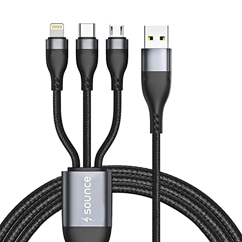 Sounce 100W/6A Speed Fast Charging Usb 3.0 Cable 4 Ft/1.2M To 3-In-1 Long Charging Cord With Type C + Micro Usb + Lightning Connector 480 Mbps Data Transfer For Laptop,Tablets,Smartphones&More,Black