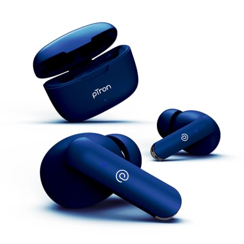 Ptron Bassbuds Duo In Ear Earbuds With 32Hrs Total Playtime, Bluetooth 5.1 Wireless Headphones, Stereo Audio, Touch Control Tws, With Mic, Type-C Fast Charging, Ipx4 & Voice Assistance (Blue)