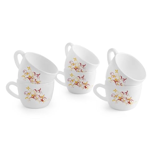 Cello Opalware Dazzle Queen Cup Yellow Scroll | Cups For Tea,Coffee,Espressoc | Thermal Resistant | Light Weight | 130Ml, Set Of 6