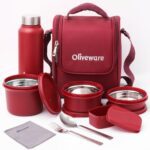 Sopl-Oliveware Teso Pro Lunch Box With Steel Cutlery | 3 Microwave Safe Inner Steel Containers With Bpa Free Lids (290Ml, 450Ml, 600Ml)Plastic Pickle Box(130Ml)Steel Water Bottle(750Ml)-Maroon,600 Ml