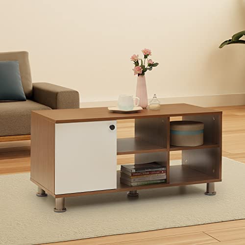 Green Soul Solitude Engineered Wood Coffee Table (Lorraine Walnut Brown & Frosty White) | Living Room Center Table, |1 Surface Top, 2 Shelves And 1 Cabinet | Installation Provided | With Warranty