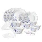 Larah By Borosil Blue Eve Silk Series Opalware Dinner Set | 35 Pieces For Family Of 6 | Microwave & Dishwasher Safe | Bone-Ash Free | Crockery Set For Dining & Gifting | Plates & Bowls | White