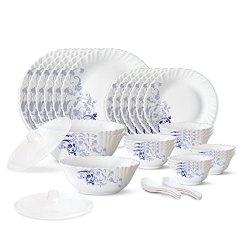 Larah By Borosil Blue Eve Silk Series Opalware Dinner Set | 35 Pieces For Family Of 6 | Microwave & Dishwasher Safe | Bone-Ash Free | Crockery Set For Dining & Gifting | Plates & Bowls | White