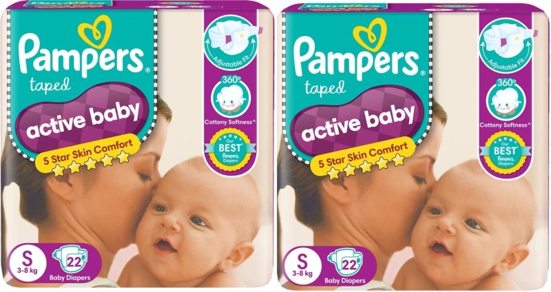 Pampers Active Baby Taped Diapers Pants S Small 22+22 Pack Of 2 – S(44 Pieces)